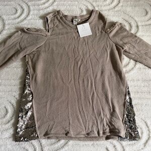 Others Follow Taupe Cold-Shoulder Sweater w/ Sequin Side Panels, Size S, NWT